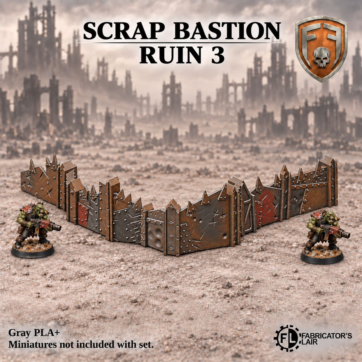 Greenskin Scrap Bastion Ruin 3, a ruined fortification section. Painted example, supplied unpainted in Gray PLA+. Miniatures are not included.