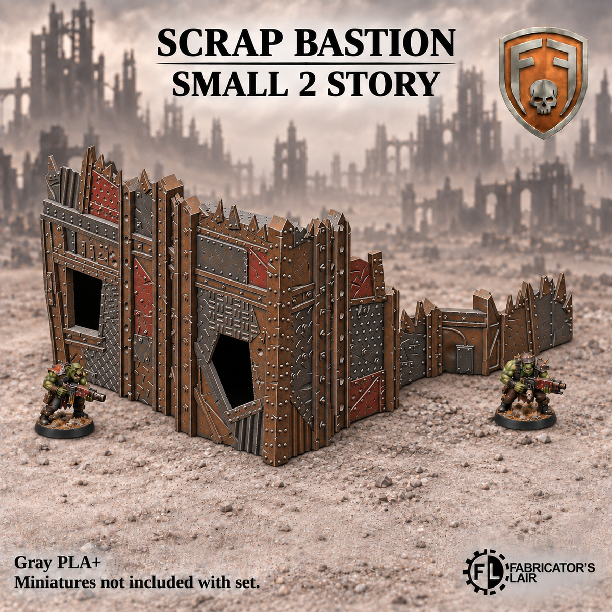 Greenskin Scrap Bastion Small 2 Story terrain building. Painted example, supplied unpainted in Gray PLA+. Miniatures are not included.