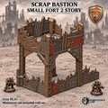 Greenskin Scrap Bastion Small Fort 2 Story. Painted example, supplied unpainted in Gray PLA+. Miniatures and surrounding terrain are not included.