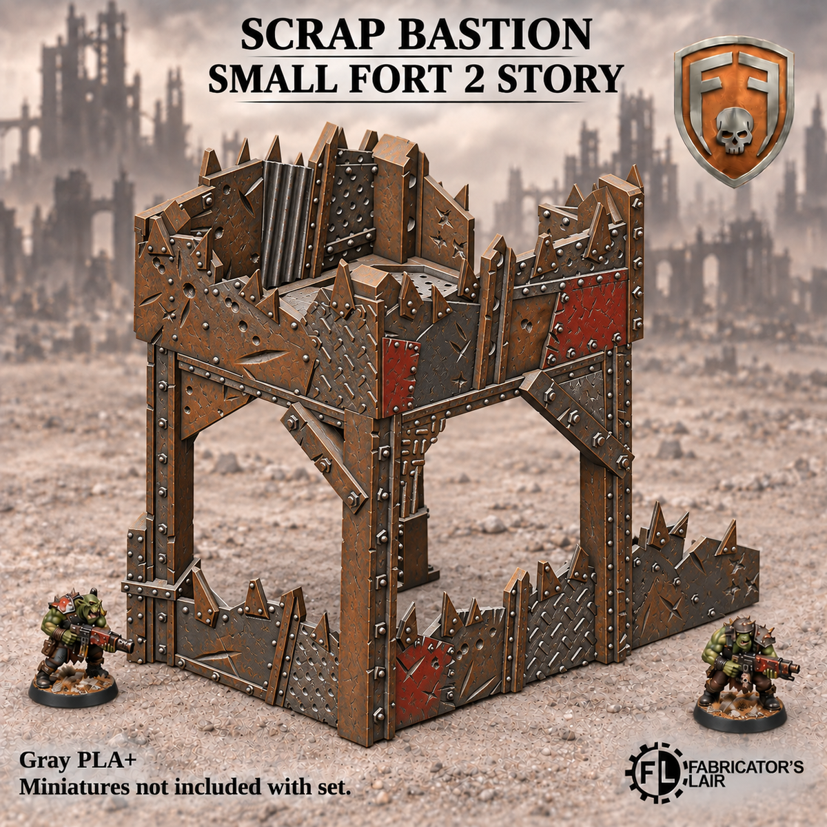 Greenskin Scrap Bastion Small Fort 2 Story. Painted example, supplied unpainted in Gray PLA+. Miniatures and surrounding terrain are not included.