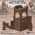 Greenskin Scrap Bastion Small Fort 3 Story. Painted example of tabletop fortification terrain, supplied unpainted in Gray PLA+. Miniatures are not included.