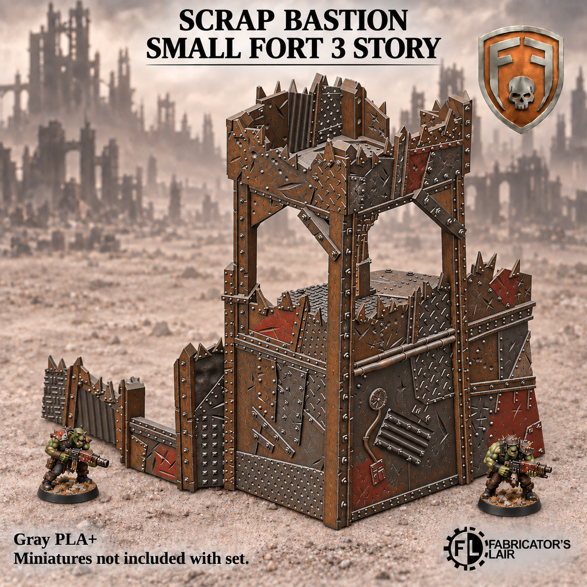 Greenskin Scrap Bastion Small Fort 3 Story. Painted example of tabletop fortification terrain, supplied unpainted in Gray PLA+. Miniatures are not included.