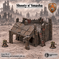 Greenskin Shooty n’ Smasha modular terrain kit with roofs, sign and ladder. Painted example, supplied unpainted in Gray PLA+. Assembly required; miniatures are not included.