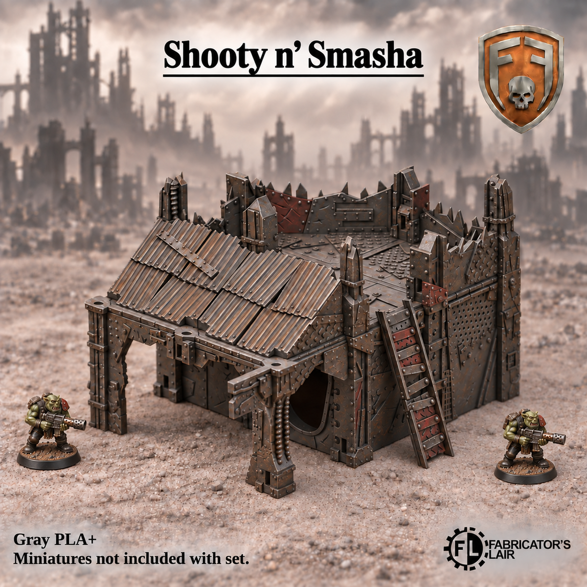 Greenskin Shooty n’ Smasha modular terrain kit with roofs, sign and ladder. Painted example, supplied unpainted in Gray PLA+. Assembly required; miniatures are not included.