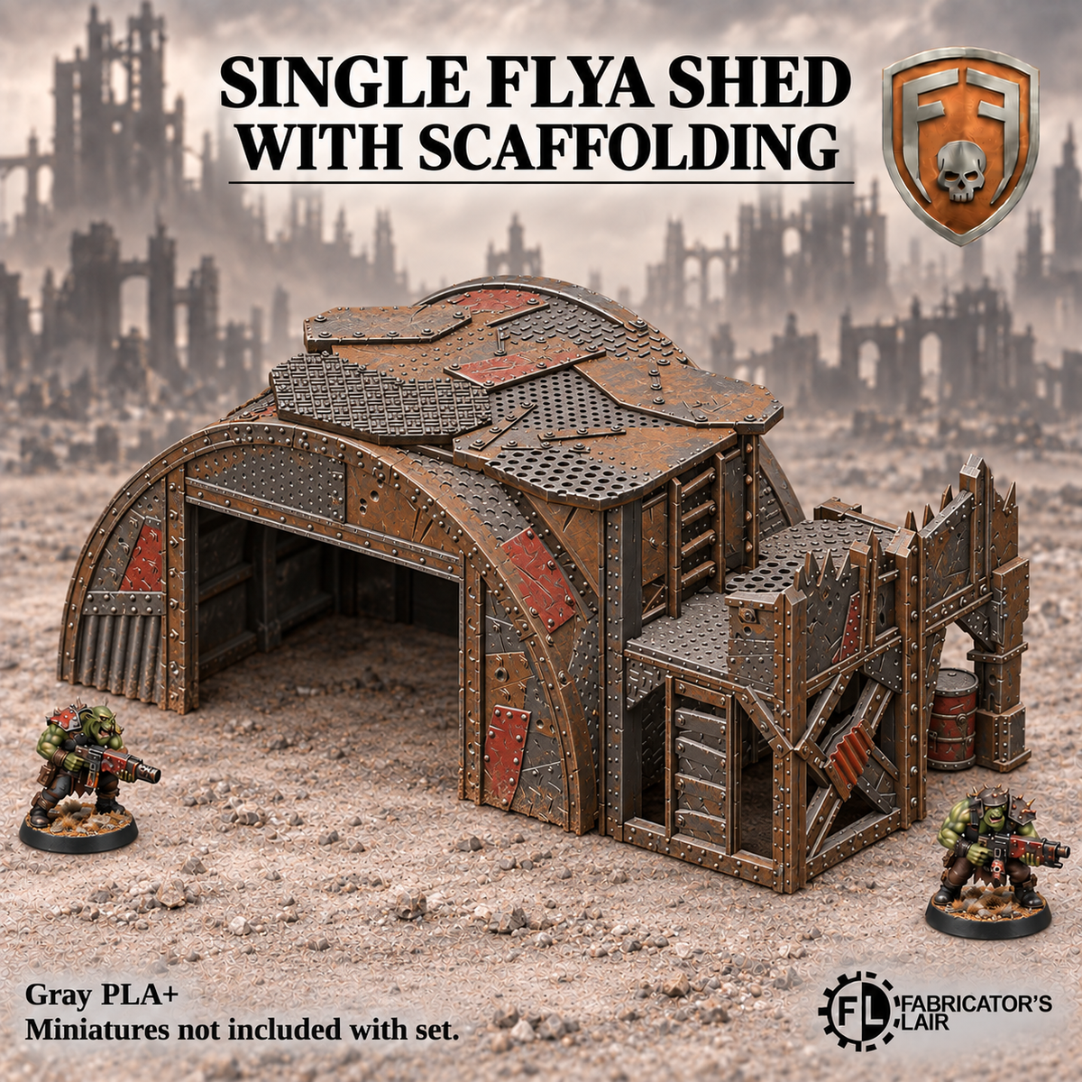 Greenskin Single Flya Shed with a separate raised Scaffolding platform. Painted example, supplied unpainted in Gray PLA+. Miniatures are not included.