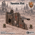 Greenskin Spanna Hut modular terrain kit. Painted example, supplied unpainted in Gray PLA+. Assembly required; miniatures are not included.