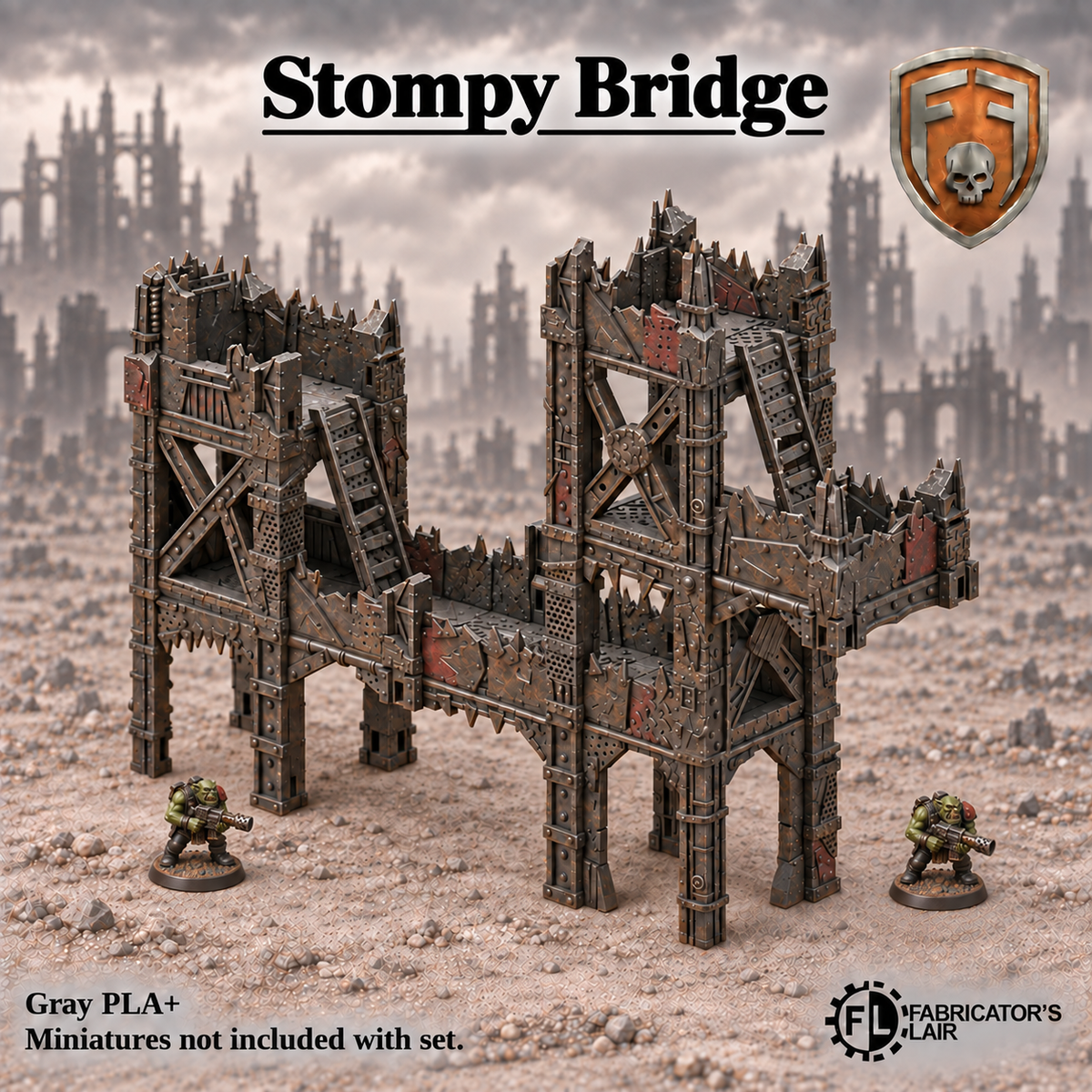 Greenskin Stompy Bridge modular terrain kit with arches, floors, pillars and ladders. Painted example, supplied unpainted in Gray PLA+. Assembly required; miniatures are not included.