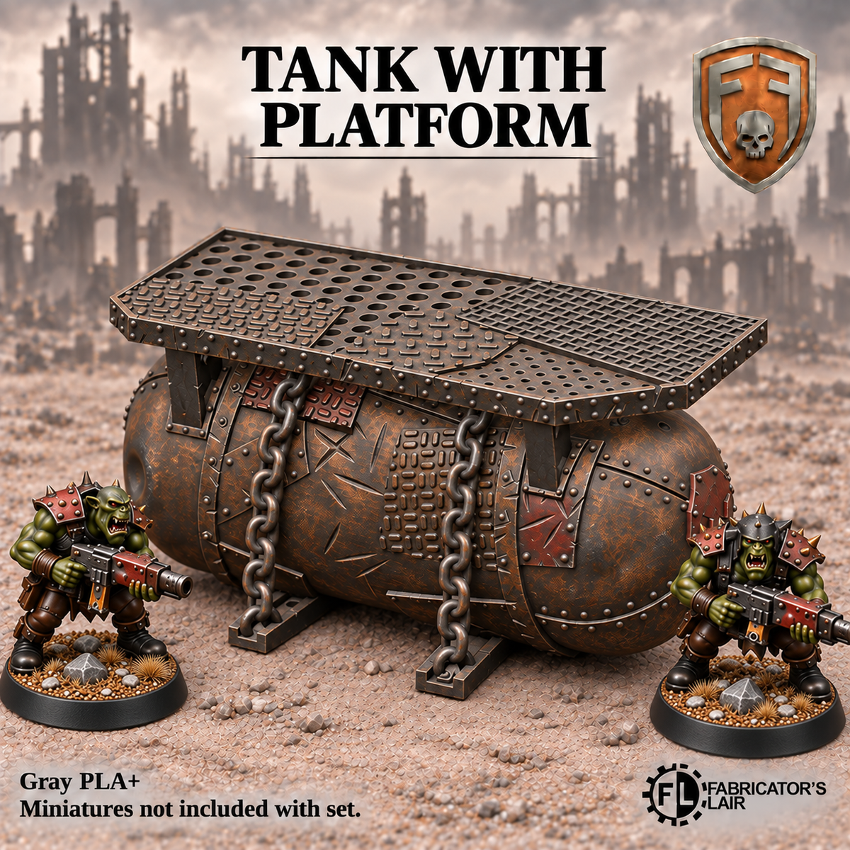 Painted example of a Greenskin tank with an overhead metal platform and chain details; miniatures shown for scale. Supplied unpainted in Gray PLA+.