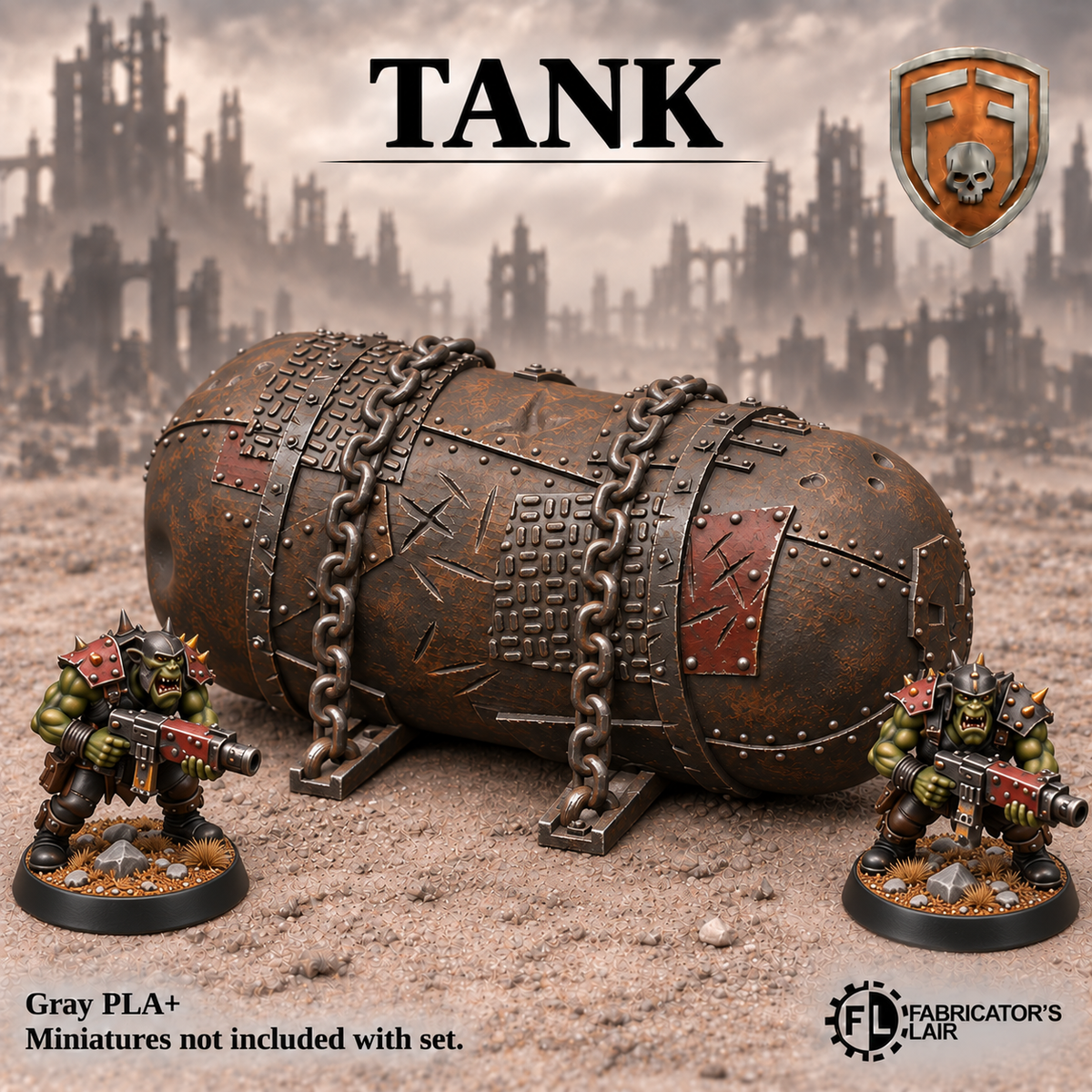 Greenskin industrial tank scatter terrain. Painted example; supplied unpainted in Gray PLA+. Miniatures are not included.