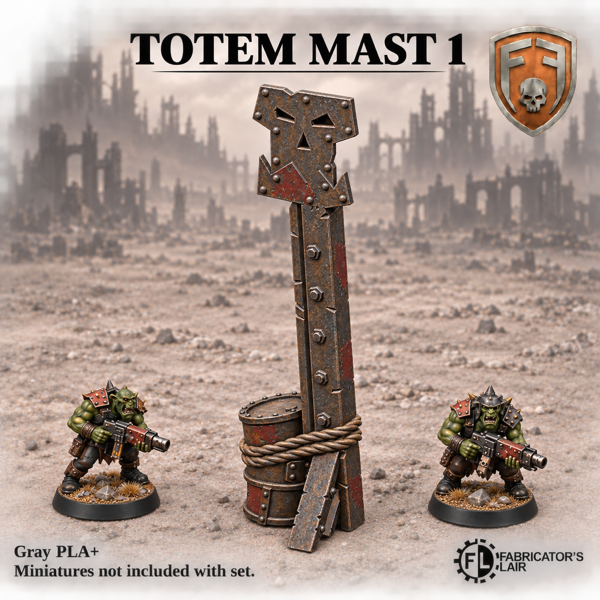Greenskin Totem Mast 1 scatter terrain. Painted example; supplied unpainted in Gray PLA+. Miniatures are not included.