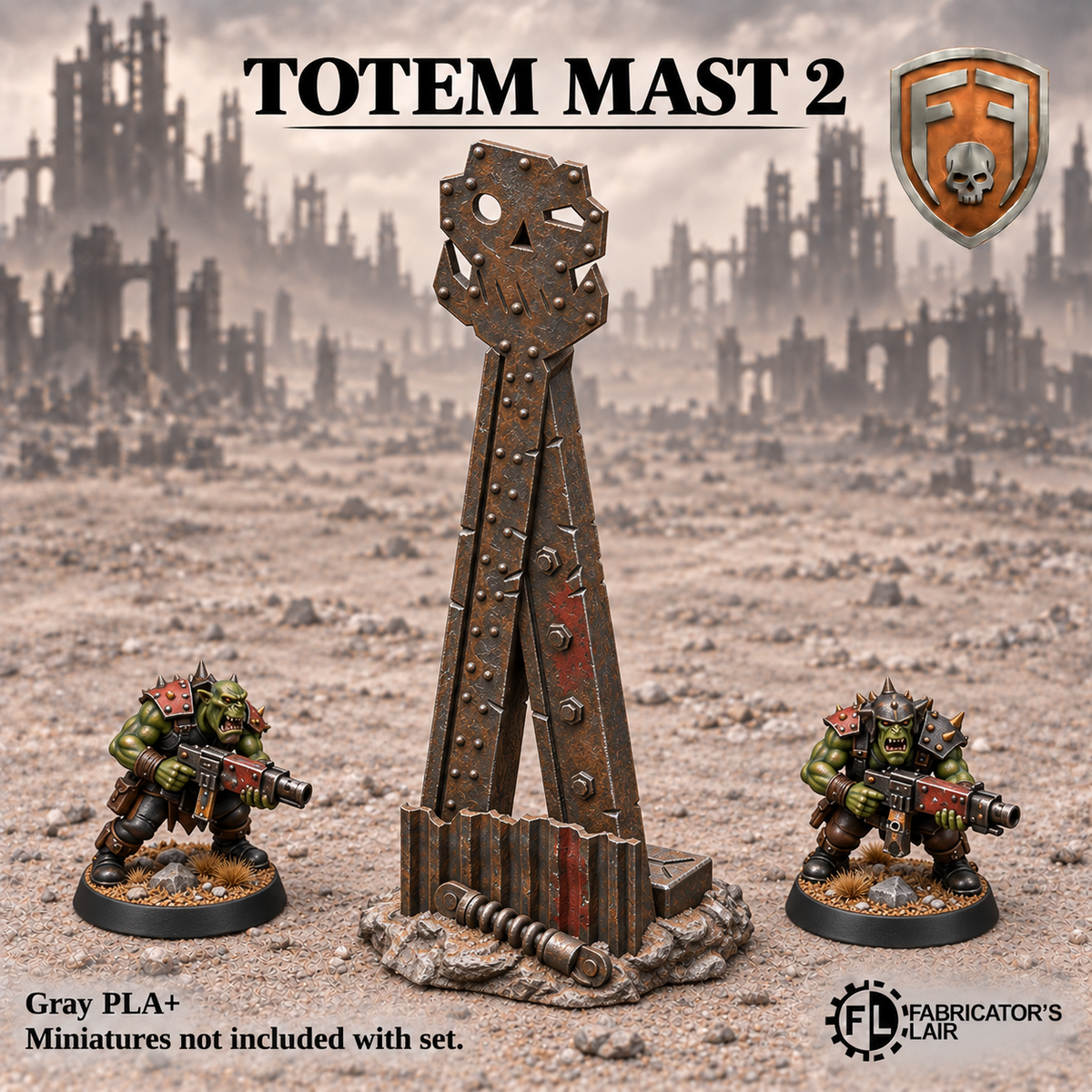 Greenskin Totem Mast 2. Painted example of tabletop scatter terrain, supplied unpainted in Gray PLA+. Miniatures are not included.