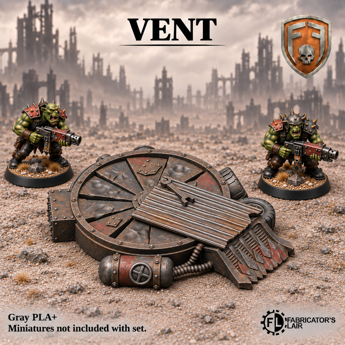 Greenskin industrial vent scatter terrain. Painted example, supplied unpainted in Gray PLA+. Miniatures are not included.