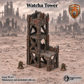 Greenskin Watcha Tower modular terrain kit. Painted example of scrap-built tower terrain, supplied unpainted in Gray PLA+. Assembly required; miniatures are not included.