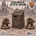 Greenskin Zoghole scrap shelter with door. Painted example, supplied unpainted in Gray PLA+. Miniatures are not included.