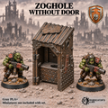 Greenskin Zoghole scrap shelter without door. Painted example, supplied unpainted in Gray PLA+. Miniatures are not included.