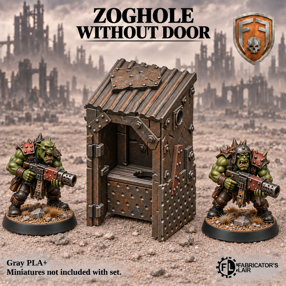 Greenskin Zoghole scrap shelter without door. Painted example, supplied unpainted in Gray PLA+. Miniatures are not included.